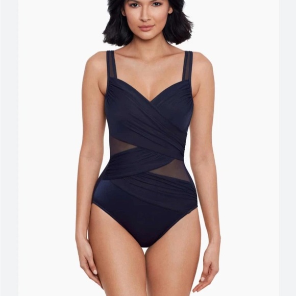 Miraclesuit One Piece Swimsuit 10 Navy Madero Sweetheart Sheer Wide Strap Resort - Picture 11 of 12